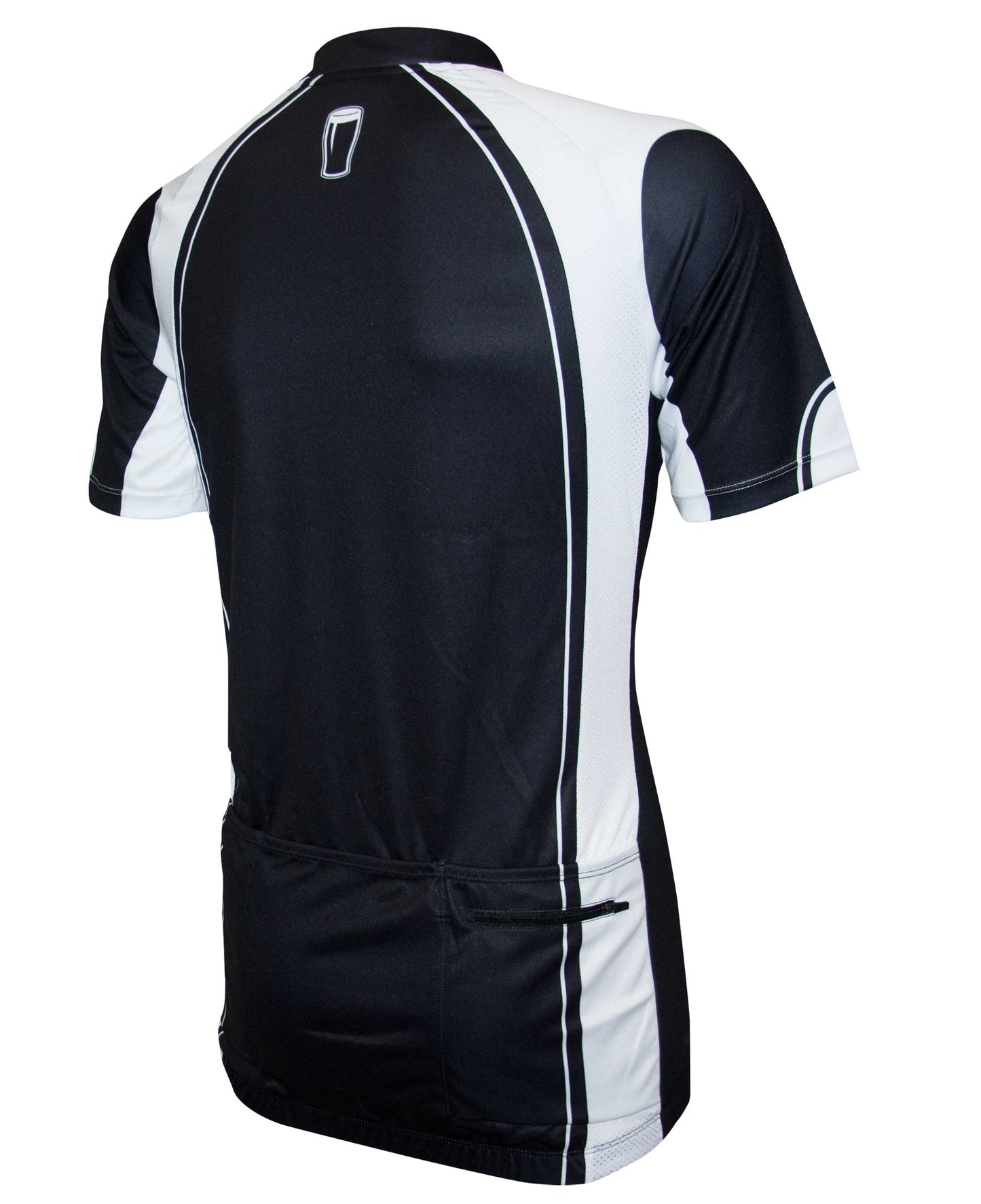 The back view of a Guinness UK men's race cut black and white cycling jersey.