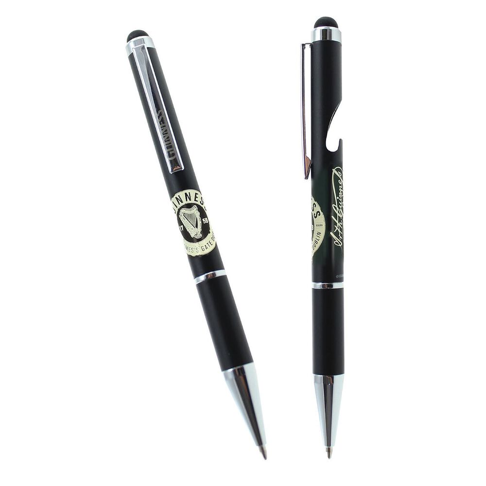 Two elegant black Guinness Bottle Opener Pens, featuring silver accents and the iconic Guinness logo on the barrel, evoke a classic style reminiscent of John Gilroy artwork.