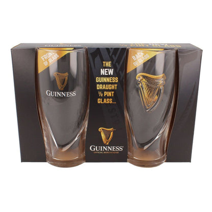 The Guinness Half Pint Glass Twin Pack, featuring two logo-printed glasses in a striking black and gold package, is perfect for any Irish stout enthusiast. This Miniature Pint Glass Set offers an ideal way to celebrate the iconic taste of Guinness.