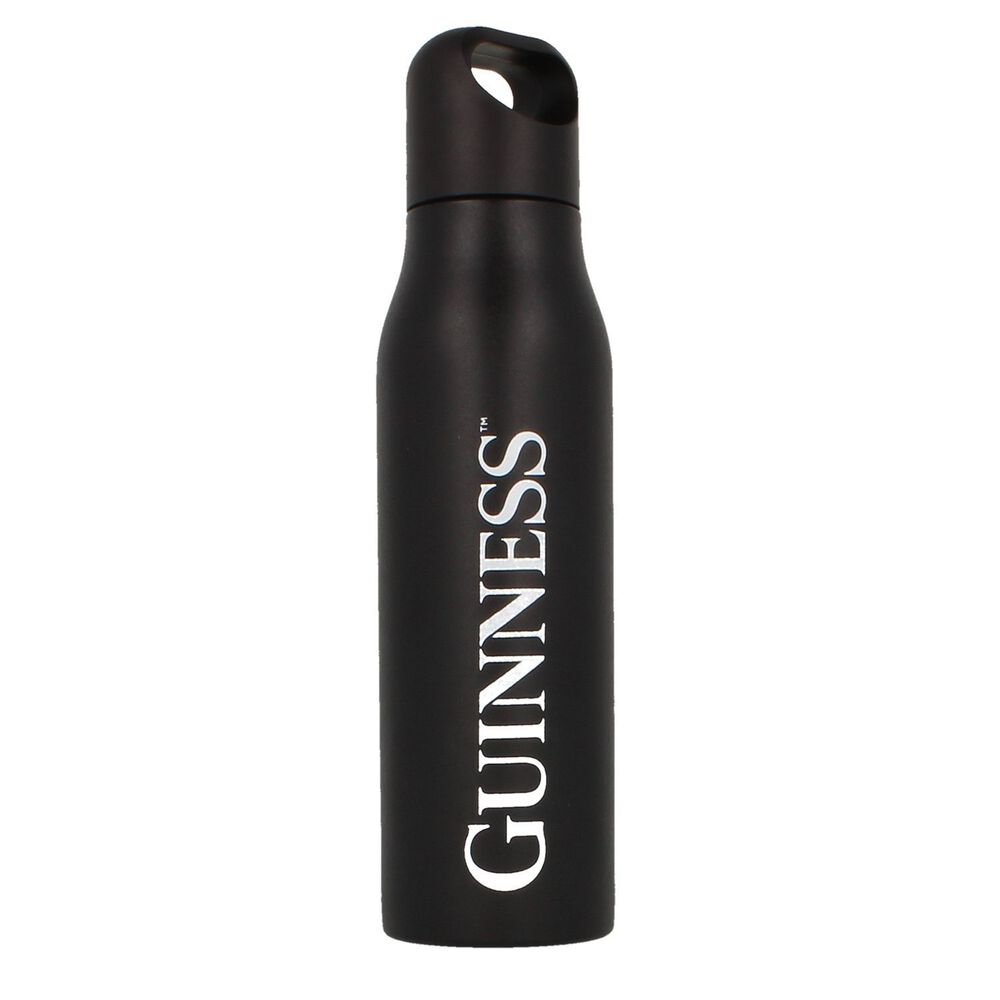 Guinness Webstore UK's 550ml sport metal bottle features a double-walled design and showcases "GUINNESS" printed vertically in white on a black insulated surface.