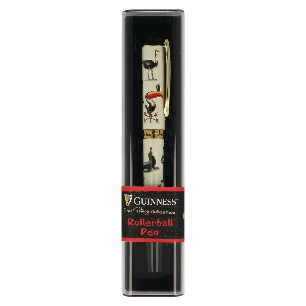 The Guinness Gilroy Classic Pen from the Guinness Webstore UK features John Gilroy's delightful animal illustrations and is presented in a sophisticated black and clear case, accented with a striking red band on the packaging.