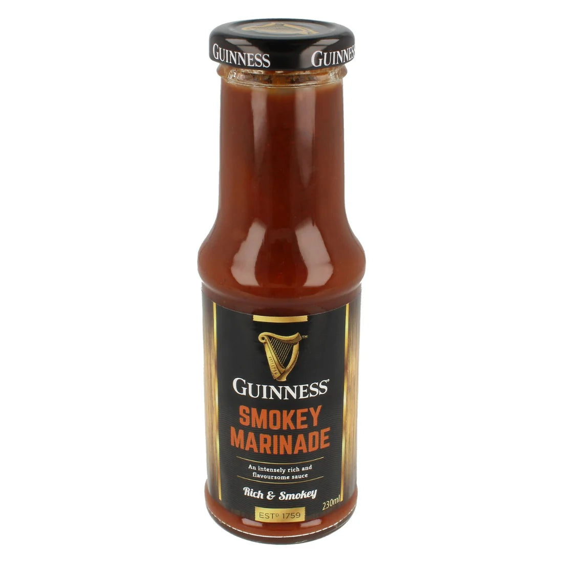 A 320ml bottle of Guinness Smokey Marinade Sauce from Guinness Webstore UK, labeled "Rich & Smokey," delivers a dark-colored sauce perfect for those who love complex flavors, making it an ideal gift for food enthusiasts.