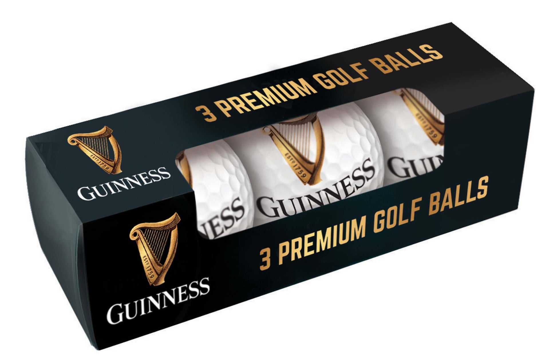 A pack of three Guinness x Callaway golf balls in a black and gold box with a window displaying the premium golf ball gifts.