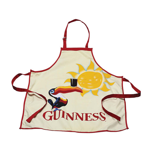 A cotton Guinness Toucan Chef Apron with a sun and a toucan on it.