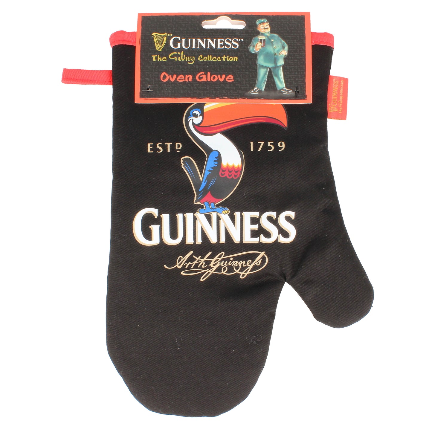 The Guinness Toucan Oven Glove by Guinness UK features the iconic logo, toucan illustration, and "ESTD 1759." Part of The Gilroy Collection, it's a fun novelty item perfect for vintage decor. Packaging: "Guinness The Gilroy Collection Oven Glove.