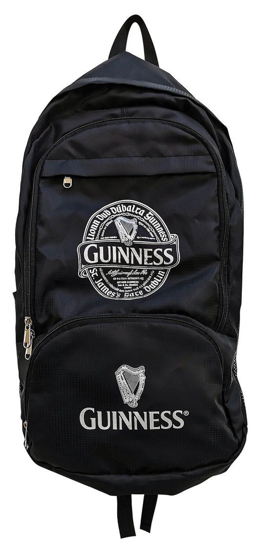 A black Guinness Fold Up Backpack with the Guinness logo on it.