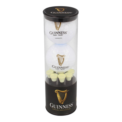 A clear cylindrical container holds the Guinness Golf Balls and Tee Set by Guinness, making it a perfect golfing accessory.