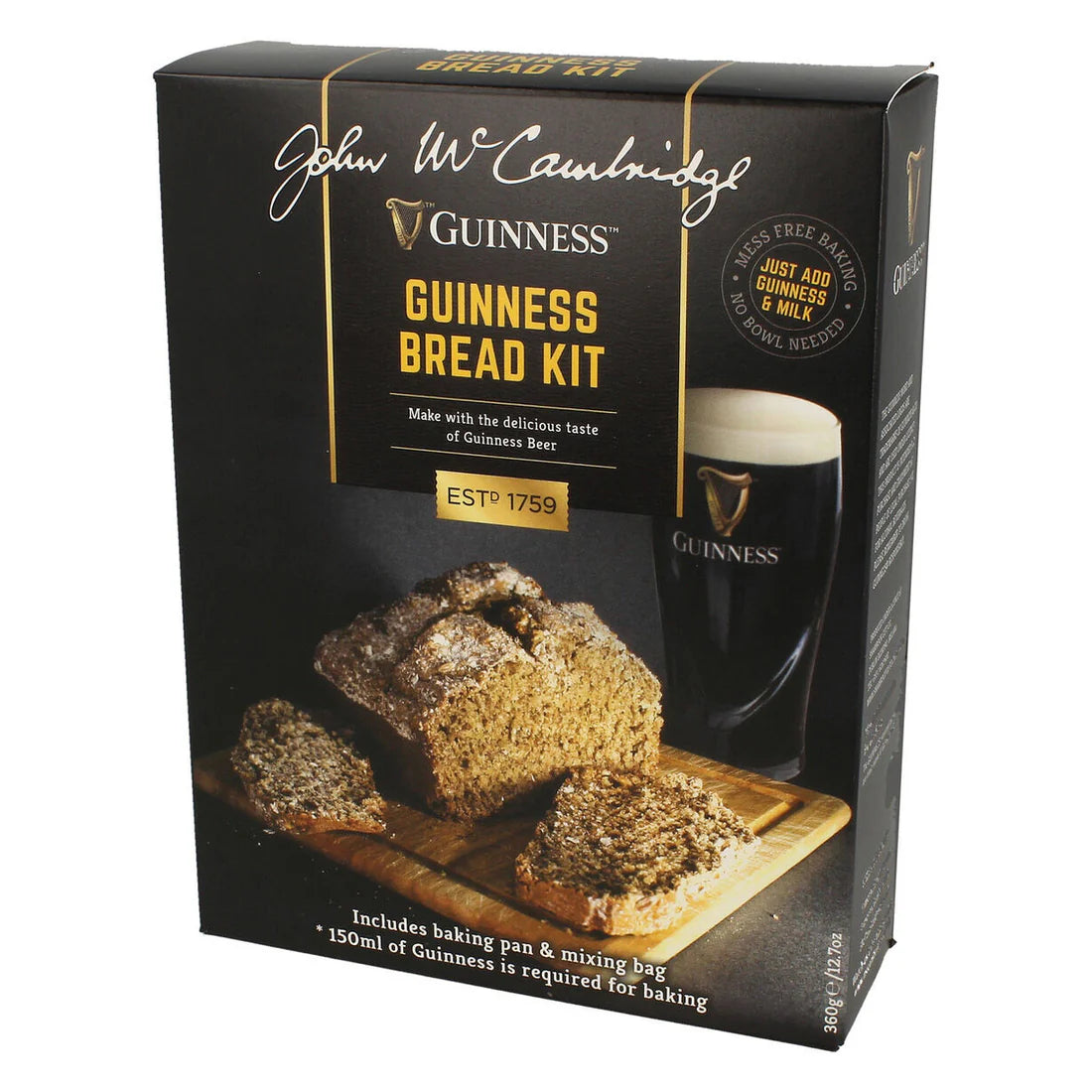 Guinness Webstore UK's Bread Kit features a box with an illustration of freshly baked bread alongside a pint of Guinness. The text emphasizes that beer and milk are essential ingredients for crafting the bread. The kit also includes a baking pan and mixing bag.