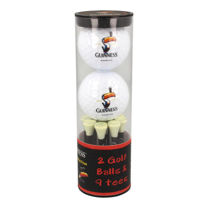 A cylindrical package from Guinness Webstore UK, featuring the Guinness Gilroy 2 Golf Ball & Tee Set, includes two branded golf balls and nine tees.