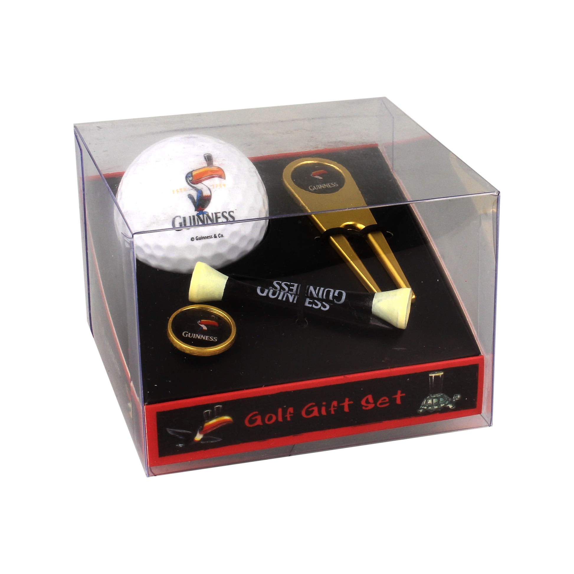 Explore the Guinness Gilroy Golf Ball Gift Set from the Guinness Webstore UK, featuring premium golf balls, tees, a ball marker, and a divot tool—all adorned with the iconic Guinness Gilroy logo—and elegantly packaged in a clear plastic case.