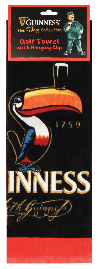 The Guinness Gilroy Golf Towel Printed from the Guinness Webstore UK is an ideal golf accessory, showcasing the iconic toucan balancing a pint of beer on its beak with the year 1759.