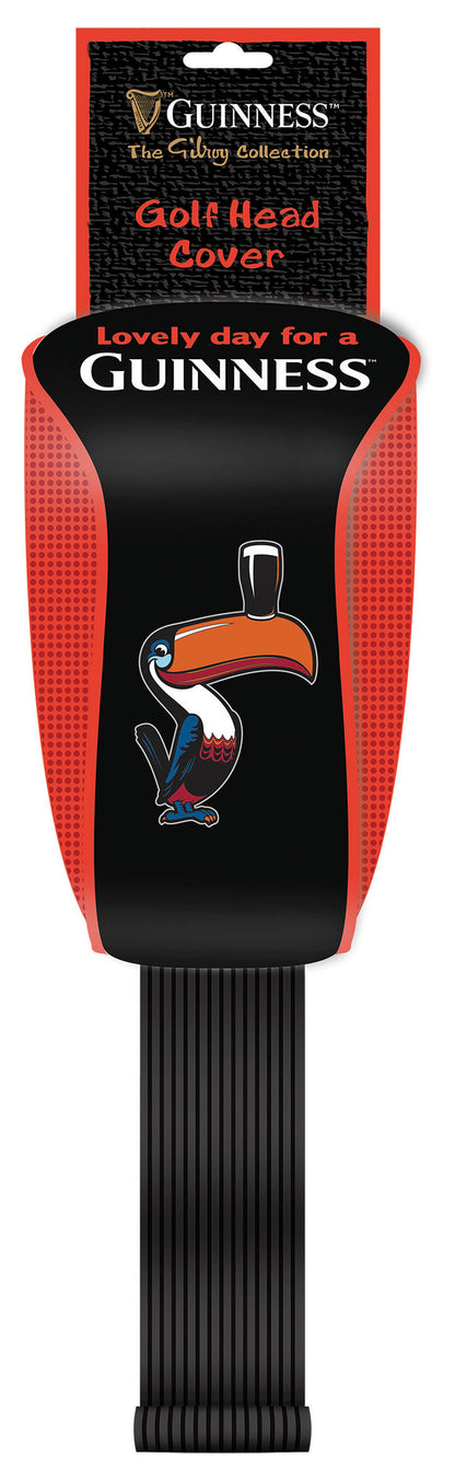 Guinness Gilroy Golf Head Cover from the Guinness Webstore UK, showcasing John Gilroy's iconic toucan design with the phrase "Lovely day for a Guinness" prominently displayed on a vibrant red and black background.