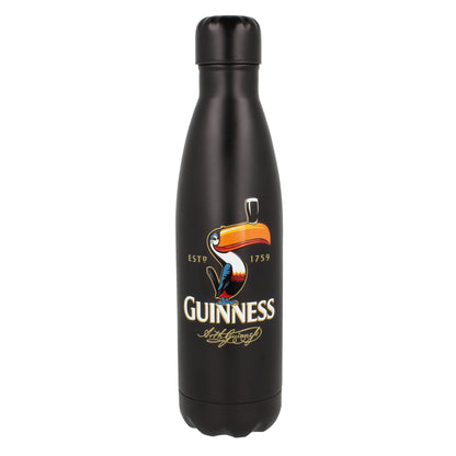 Guinness Gilroy Metal Water Bottle from the Guinness Webstore UK, featuring a black metal design with a toucan balancing a pint of beer on the Guinness logo.