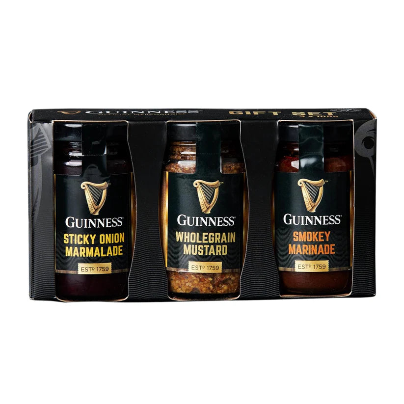 Discover the Guinness Gourmet Gift Set 3 x 100g from the Guinness Webstore UK, offering three award-winning condiments: Sticky Onion Marmalade, Wholegrain Mustard, and Smokey Marinade. Ideal for any occasion, this set highlights flavors celebrated by the Irish Food Awards.