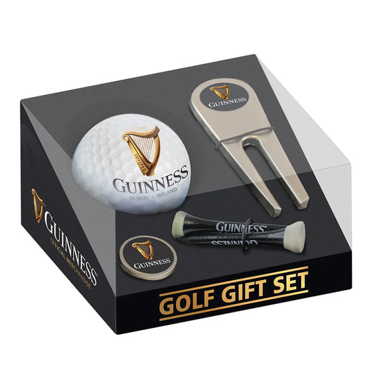 The exceptional Guinness Golf Ball Gift Set from Guinness Webstore UK comprises a branded golf ball, a divot repair tool, two tees, and a ball marker, beautifully arranged in a clear display box.