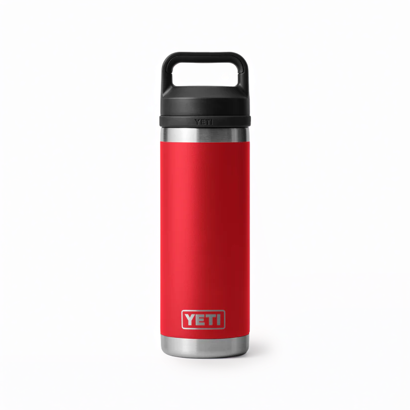 The Guinness Six Nations - Yeti 18oz Chug Bottle in red by Guinness Webstore UK, featuring a black lid, is an insulated stainless steel water bottle ideal for rugby fans and supporters, displayed upright on a white background.