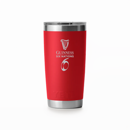 The Guinness Six Nations - Yeti - 20oz Tumbler in red from Guinness Webstore UK has a sleek stainless steel build and features the official Six Nations logo—ideal for rugby enthusiasts.