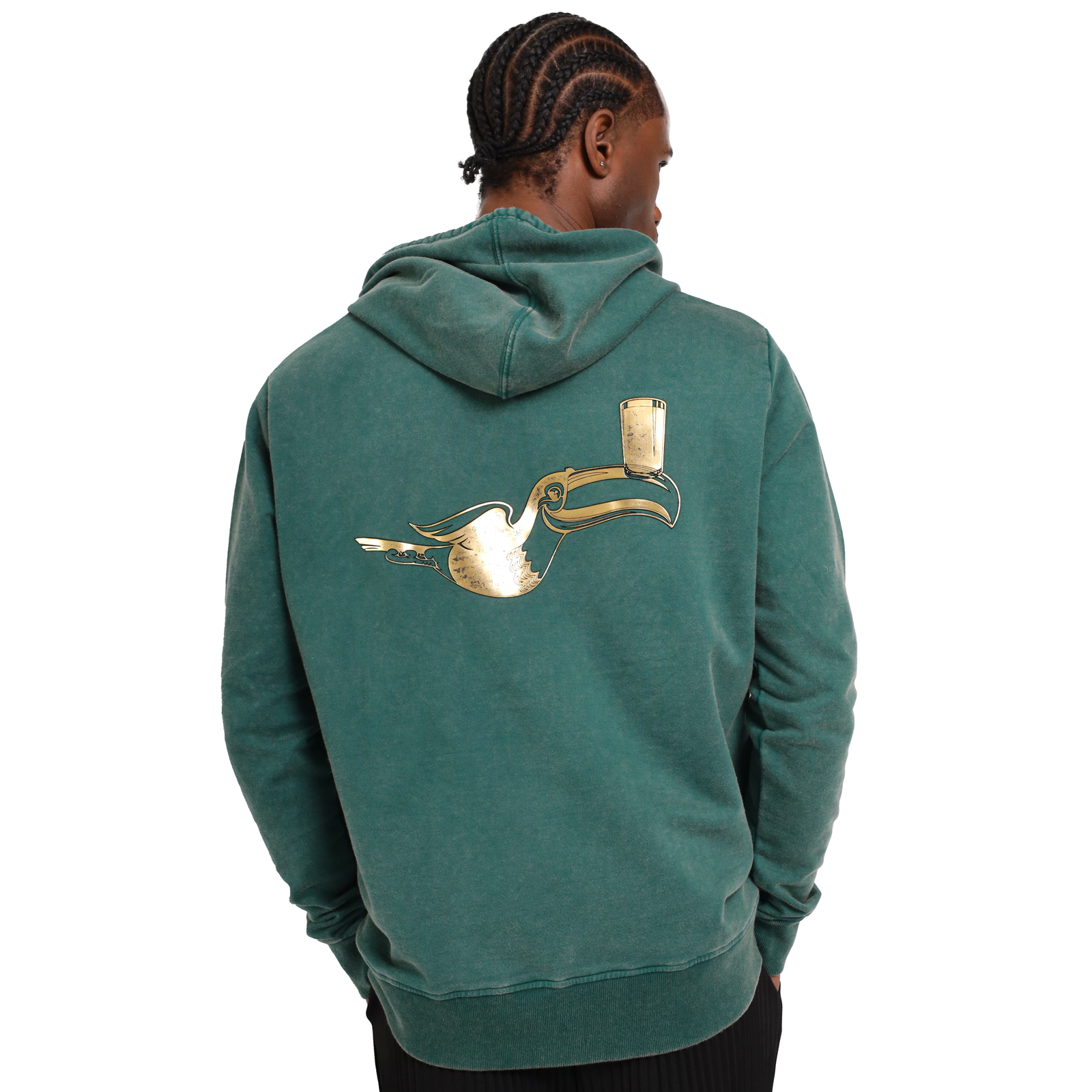 The back of a man wearing a Guinness Forest Green & Gold Toucan Hoodie made of eco-friendly fabric with gold lettering from the Guinness Webstore UK.