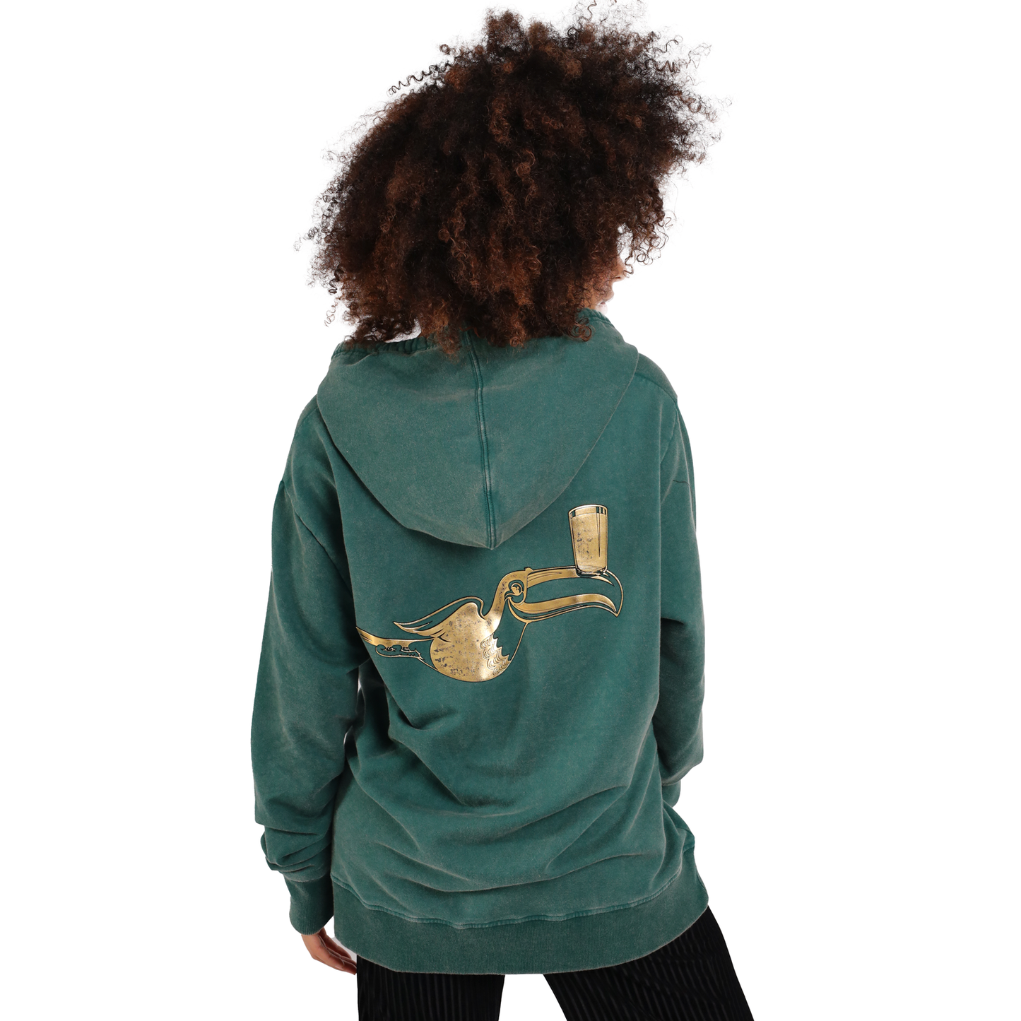 The back of a woman wearing a Guinness Forest Green & Gold Toucan Hoodie from the Guinness Webstore UK.
