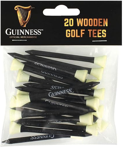 A pack of 20 black wooden golf tees with white tips, branded as official merchandise from the Guinness Webstore UK.