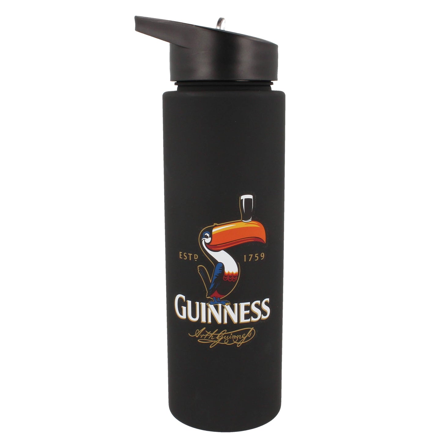 Guinness UK presents the Guinness Toucan Water Bottle, a black plastic bottle with a flip-top lid showcasing the iconic Gilroy Toucan balancing a pint of Guinness on its beak, along with the text "Guinness Estd 1759.