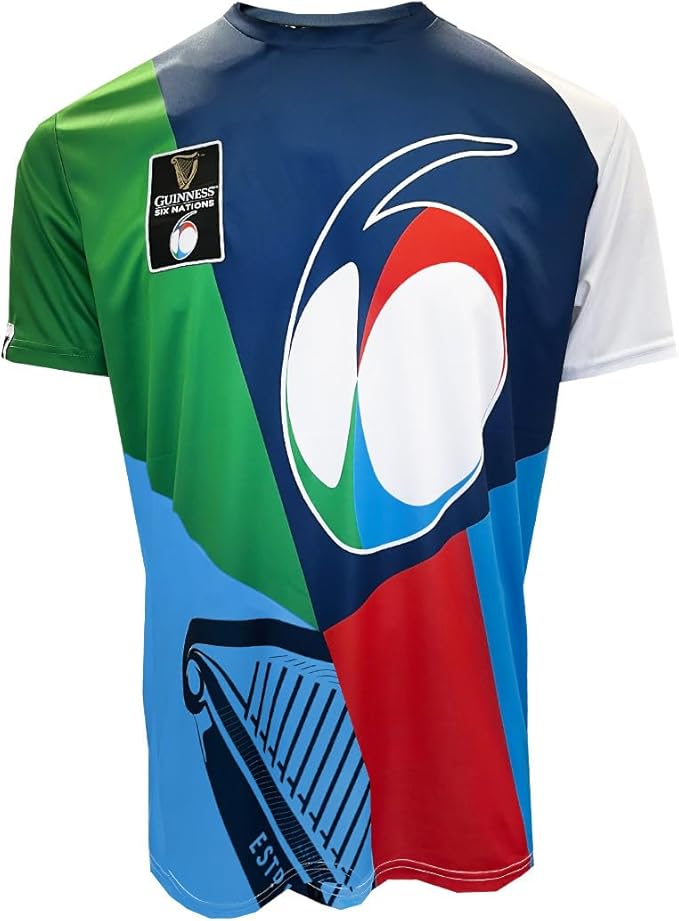 The Guinness Six Nations Multi-coloured Performance T-shirt from Guinness Webstore UK, perfect as a sports jersey, showcases a stylized number "6," a rugby logo, and an emblem featuring a harp. Its vibrant panels of green, blue, red, and white celebrate the dynamic spirit of the Guinness Six Nations.