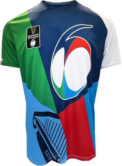 The Guinness Six Nations Multi-coloured Performance T-shirt from Guinness Webstore UK, perfect as a sports jersey, showcases a stylized number "6," a rugby logo, and an emblem featuring a harp. Its vibrant panels of green, blue, red, and white celebrate the dynamic spirit of the Guinness Six Nations.