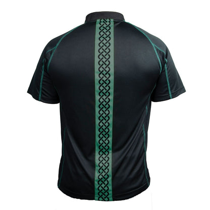The Guinness Black & Green Short Sleeve Rugby Jersey by Guinness features a bold green Celtic pattern running vertically down the center of the back.