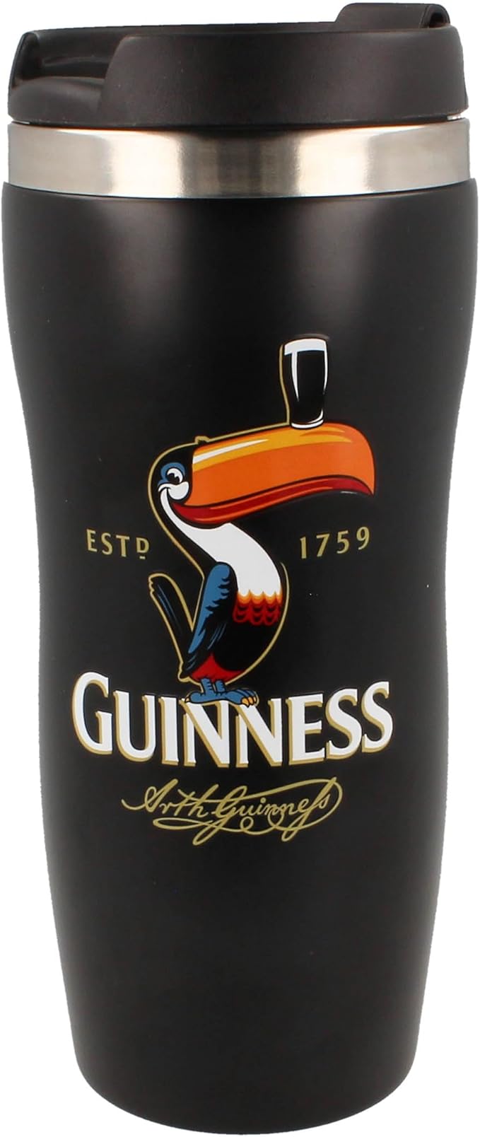 This playful travel mug, known officially as the Guinness Gilroy – Travel Mug and available from Guinness Webstore UK, features a vibrant Guinness toucan logo, along with the "ESTD 1759" and "Arthur Guinness" text. It provides a convenient 300ml capacity for your favorite drinks.