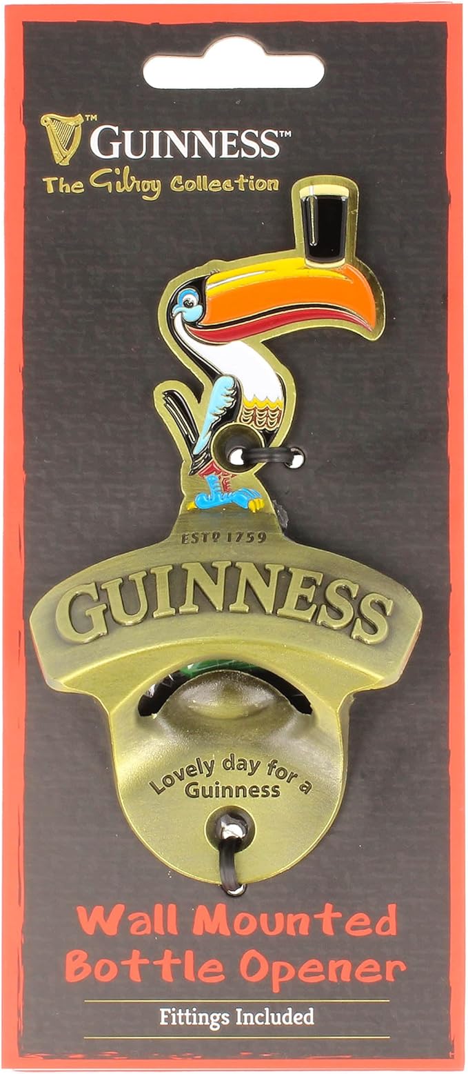 Guinness Gilroy Wall Mounted Bottle Opener from the Guinness Webstore UK showcases a toucan balancing a pint on its beak, accompanied by the slogan "Lovely day for a Guinness." Comes with fittings included.