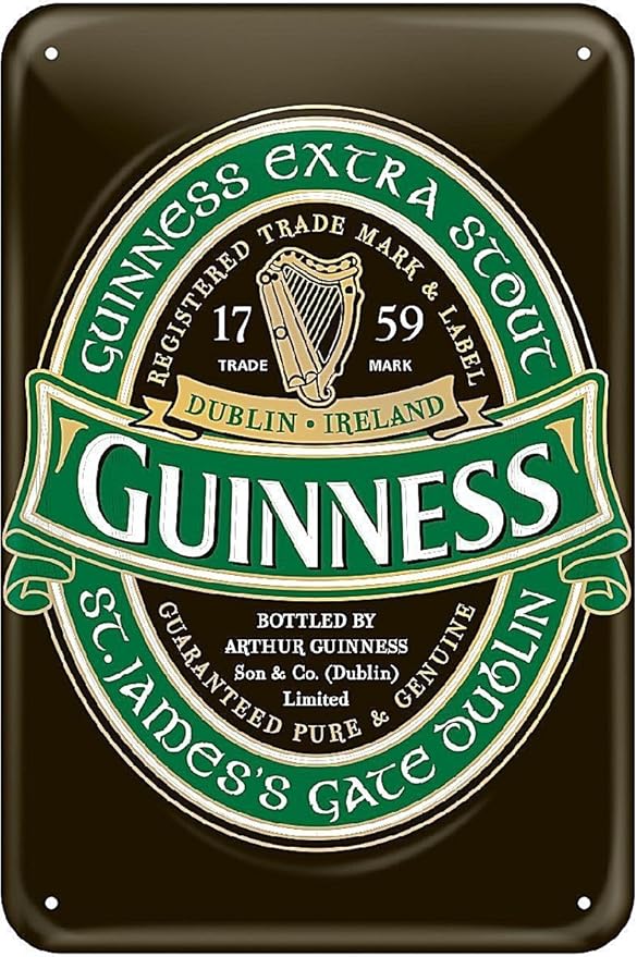 The Guinness Metal Sign Ireland Label from the Guinness Webstore UK showcases the iconic harp logo and prominently features "Registered Trade Mark & Label" and "Dublin Ireland," celebrating its deep Irish heritage from "St. James's Gate Dublin.