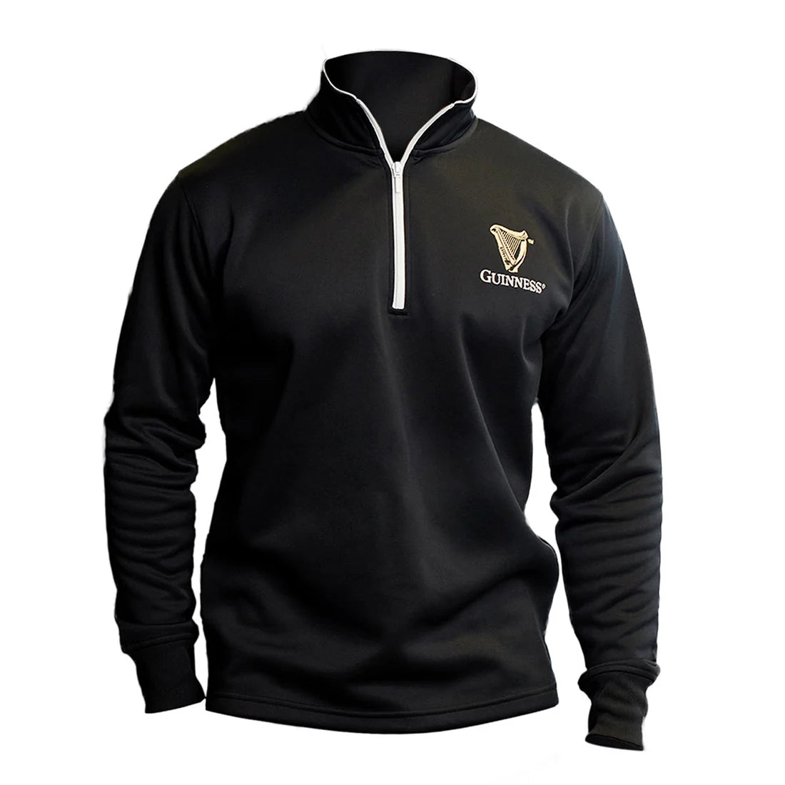 A black Guinness Harp Half Zip Top from Guinness UK, featuring a high collar and the iconic Guinness logo with harp symbol on the left chest, expertly crafted from technical performance fabric with moisture-wicking properties.