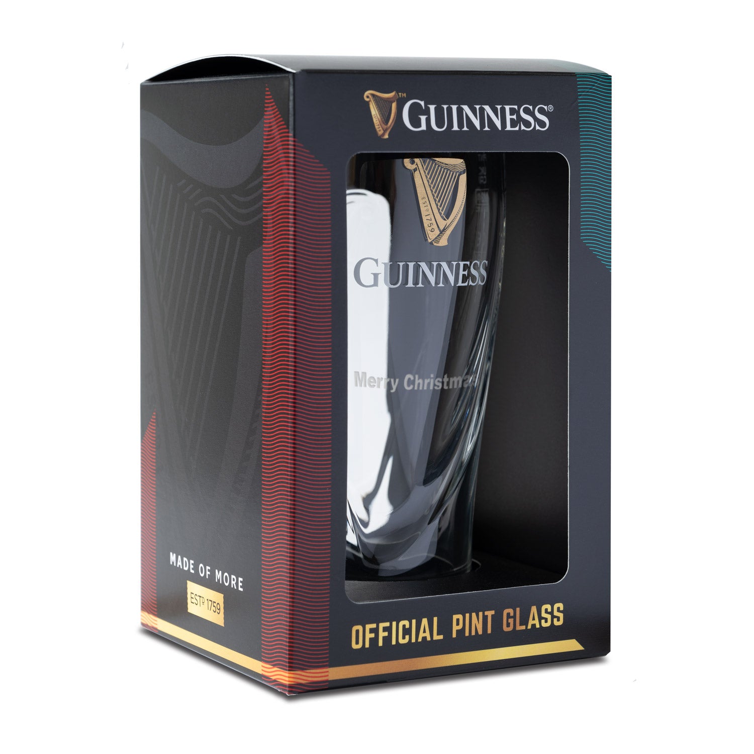 The Guinness Pint Glass is perfect for any fan, packaged in a box with the iconic logo and "Merry Christmas" text. Featuring "Made of More" and "Since 1759," it's a timeless piece of official Guinness merchandise.