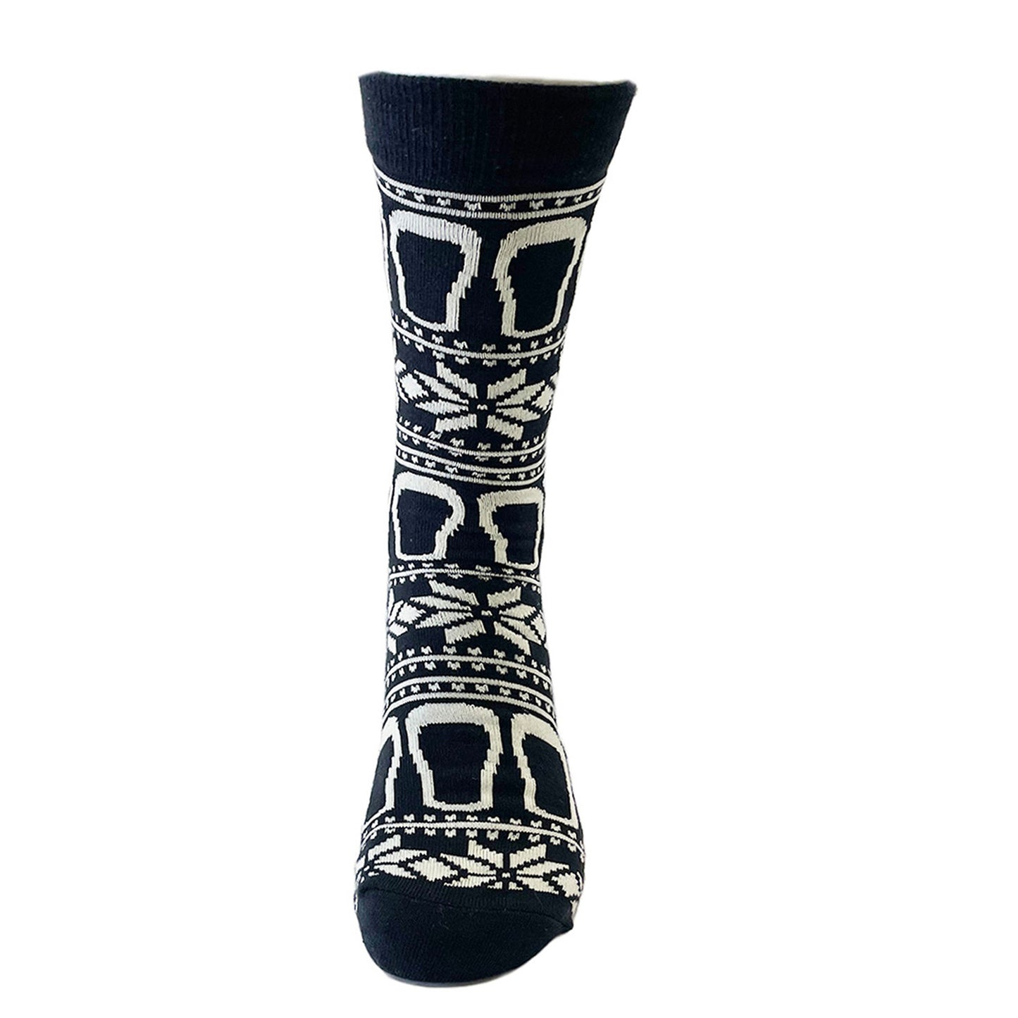 Black and white socks featuring a geometric skull pattern design, evocative of the Guinness Black & White Pint Socks from Guinness Webstore UK, infused with festive flair.
