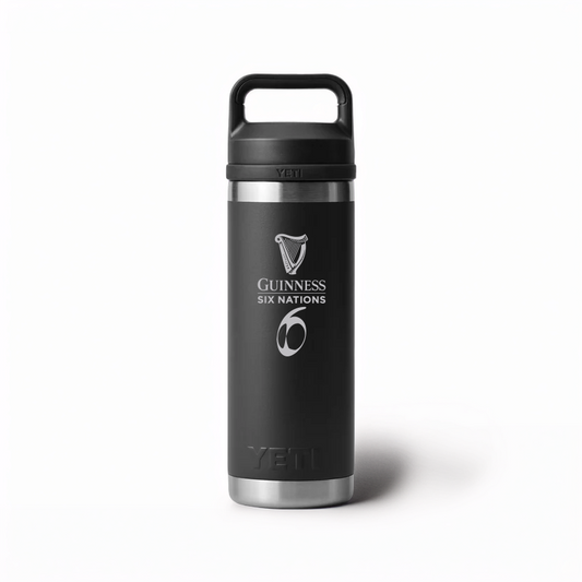 The Guinness Six Nations - Yeti 18oz Chug Bottle in black, available at Guinness Webstore UK, features the official rugby logo—a perfect choice for Six Nations fans. Photographed on a plain white background.