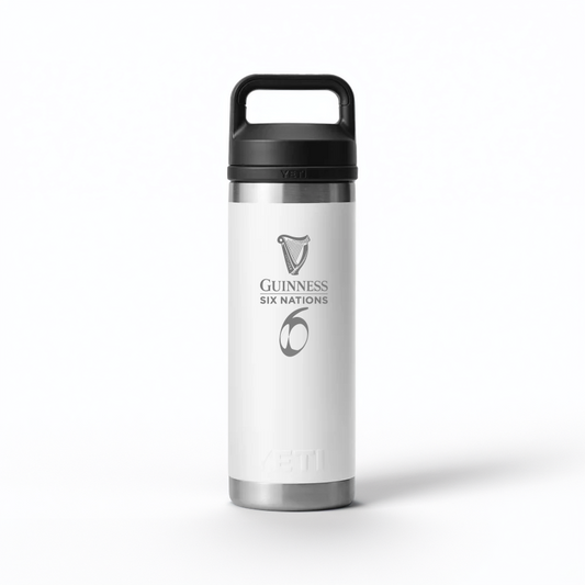 The Guinness Six Nations - Yeti 18oz Chug Bottle in white from Guinness Webstore UK features the rugby logo and a black lid—perfect for rugby fans.