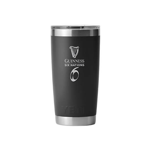 The Guinness Six Nations - Yeti 20oz Tumbler BLACK from Guinness Webstore UK showcases the "Guinness Six Nations" and number 6 logo—perfect for rugby fans. The embossed "YETI" brand name at the bottom adds a premium touch.