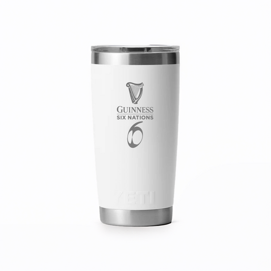 The Guinness Six Nations - Yeti - 20oz Tumbler WHITE from Guinness Webstore UK features the rugby logo on white stainless steel with a silver lid and base—ideal for dedicated Six Nations fans.