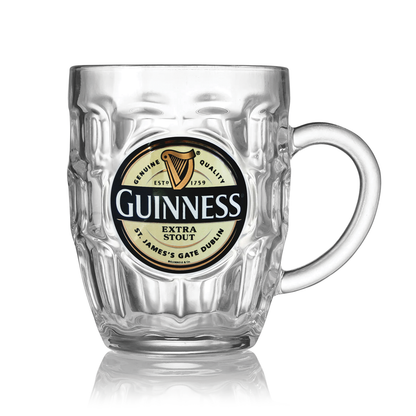 Guinness Extra Stout Dimpled Tankard with a handle, featuring a classic Guinness label on the front - the perfect choice for any Guinness glass tankard collector.