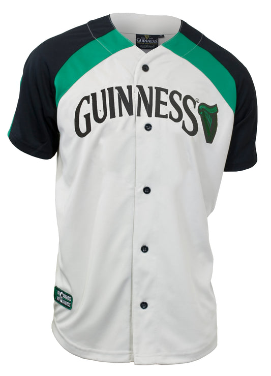 The Guinness Cream Baseball Jersey by Guinness UK is a stylish wardrobe piece, showcasing "GUINNESS" and a harp logo on the front in white and green, bringing an element of classic charm to the design.