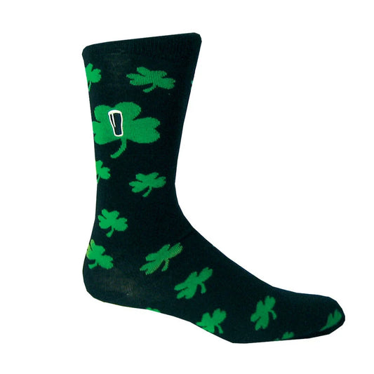 A single Guinness Shamrock Sock decorated with lighter green shamrock patterns, symbolizing the Irish charm, and featuring a small, square white label near the top.