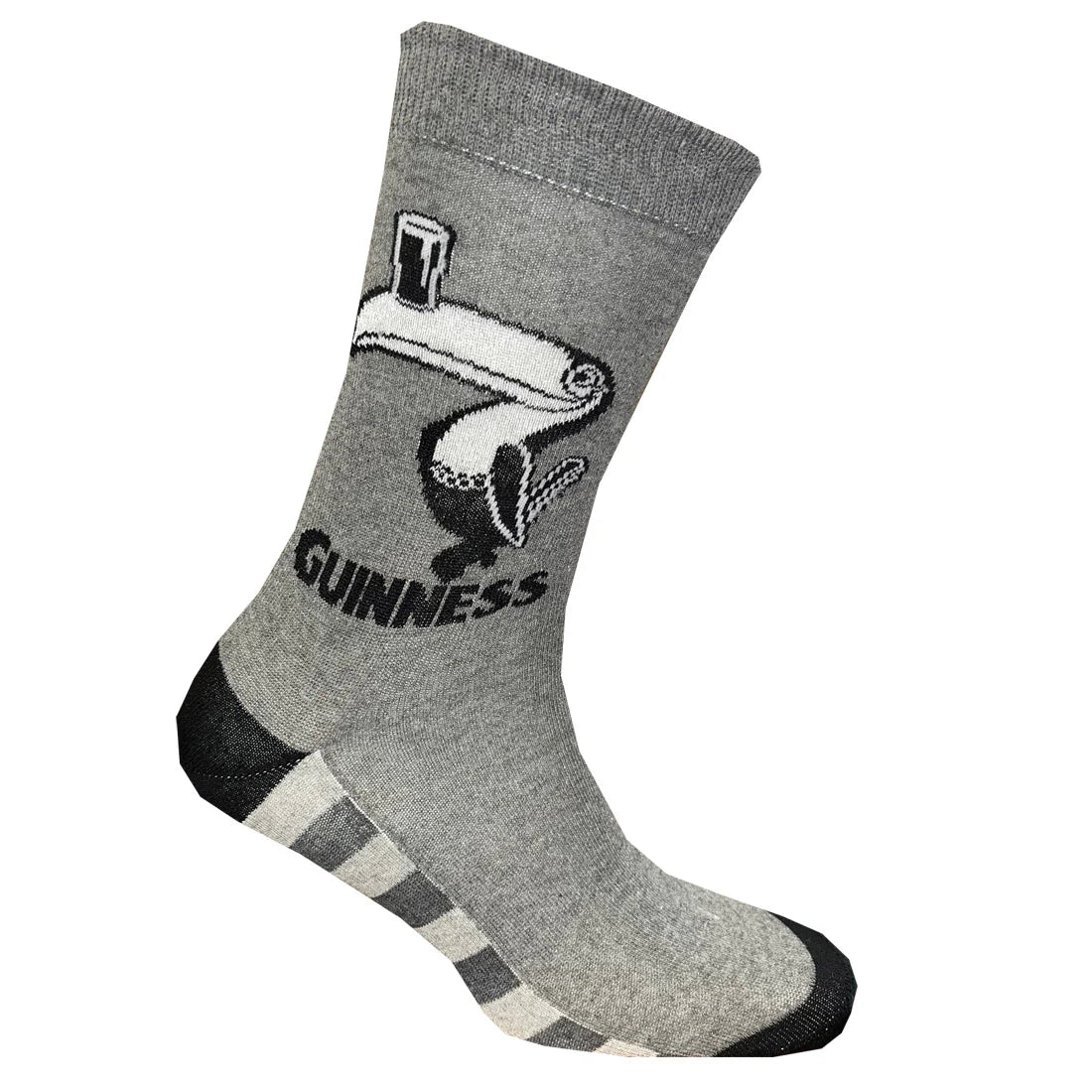 Introducing the Guinness Grey Toucan socks from the Guinness Webstore UK, made from recycled yarn. These socks feature a black heel and toe with an iconic design of a Gilroy Toucan balancing a pint glass on its beak and "Guinness" elegantly displayed beneath.