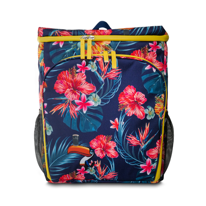 This eye-catching Guinness Toucan Hawaiian Cooler Bag, available at the Guinness Webstore UK, features a dual-purpose design as a stylish backpack. It boasts a tropical floral pattern with vivid pink and red flowers set against a dark background, making it ideal for sunny adventures.