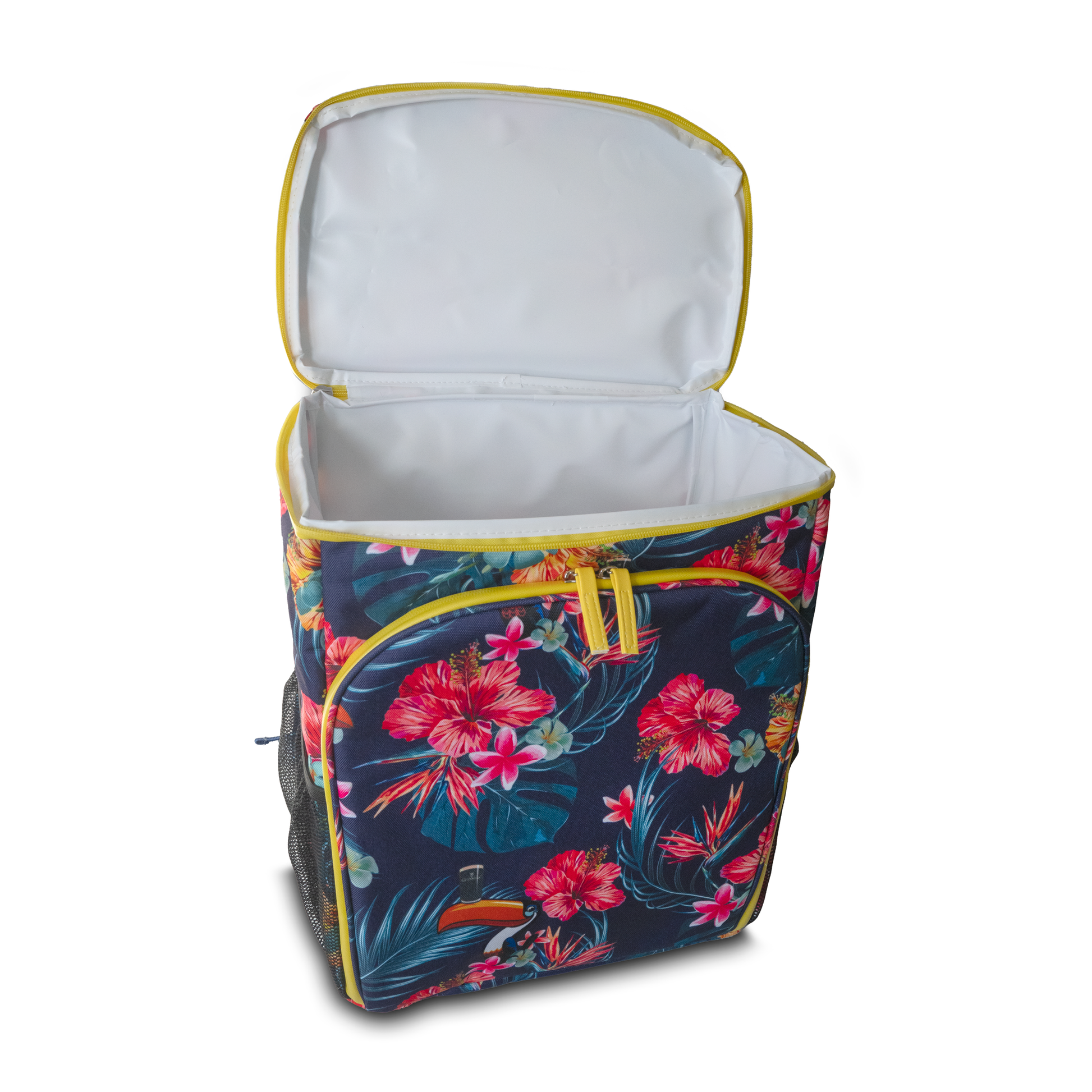 The Guinness Toucan Hawaiian Cooler Bag from the Guinness Webstore UK is decorated with a floral design and an open lid that shows its white interior. It includes a front zipper pocket and striking yellow trim, making it ideal for tropical escapades or discovering similar treasures at the Guinness webstore.