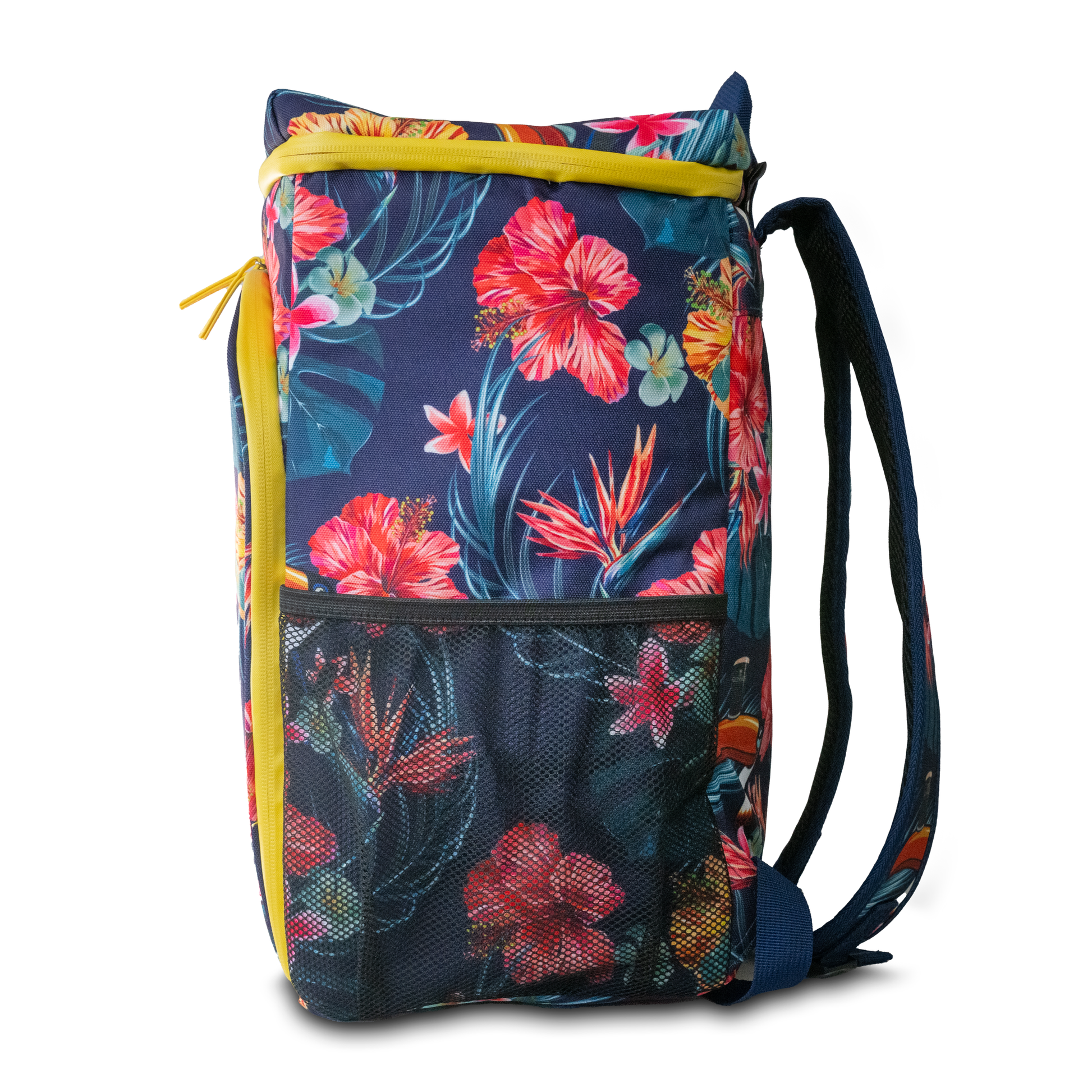 A lively backpack with a floral pattern showcasing red, pink, and orange blossoms includes a yellow zipper and mesh pocket on the front. This striking accessory is ideal for fans of the playful style reminiscent of the Guinness Toucan Hawaiian Cooler Bag from Guinness Webstore UK.