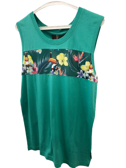 A green sleeveless shirt featuring a tropical flora and toucan pattern across the chest, hanging on a white hanger—this Guinness Toucan Hawaiian Green Tank from Guinness Webstore UK is the perfect vacation staple.