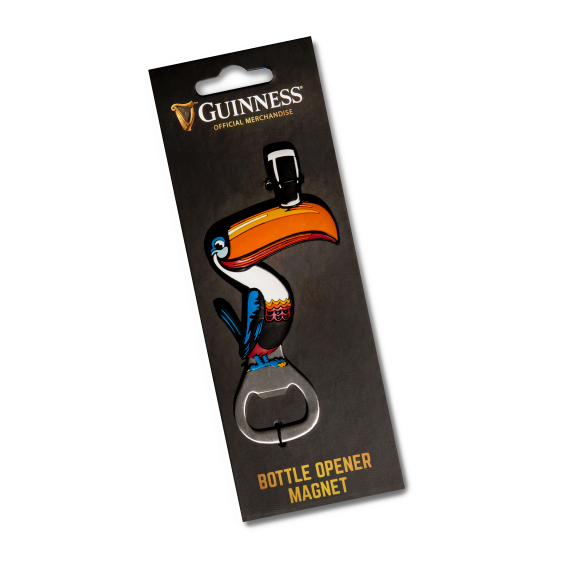 Guinness Toucan PVC Opener Magnet is an official Guinness merchandise piece, ideal for fans of the iconic pint, and comes stylishly displayed on a sleek black card.