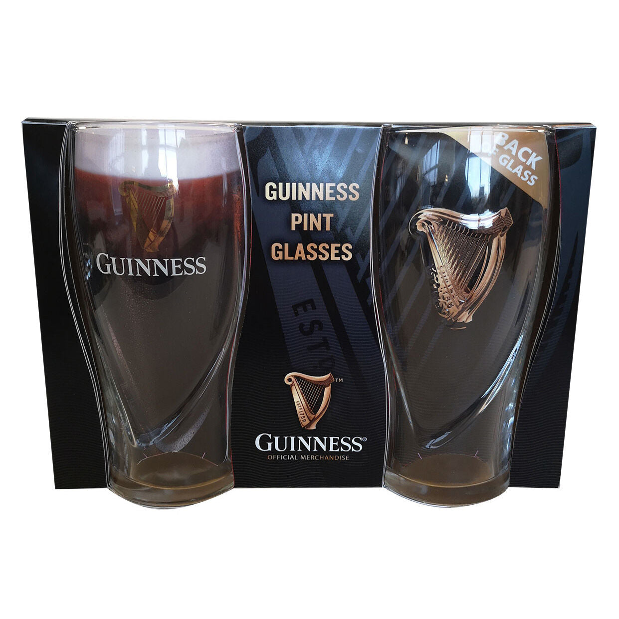 A pack of two Guinness UK-branded draught glasses with harp logos, presented in a gift box.