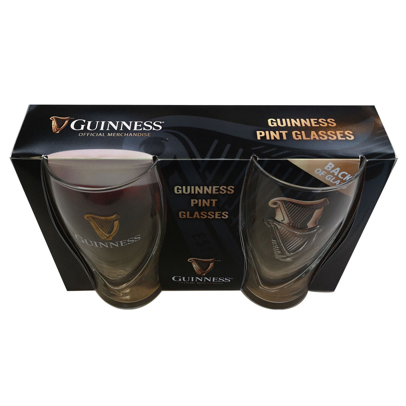 A set of Guinness UK pint glasses in packaging, perfect for any beer glass collection.
