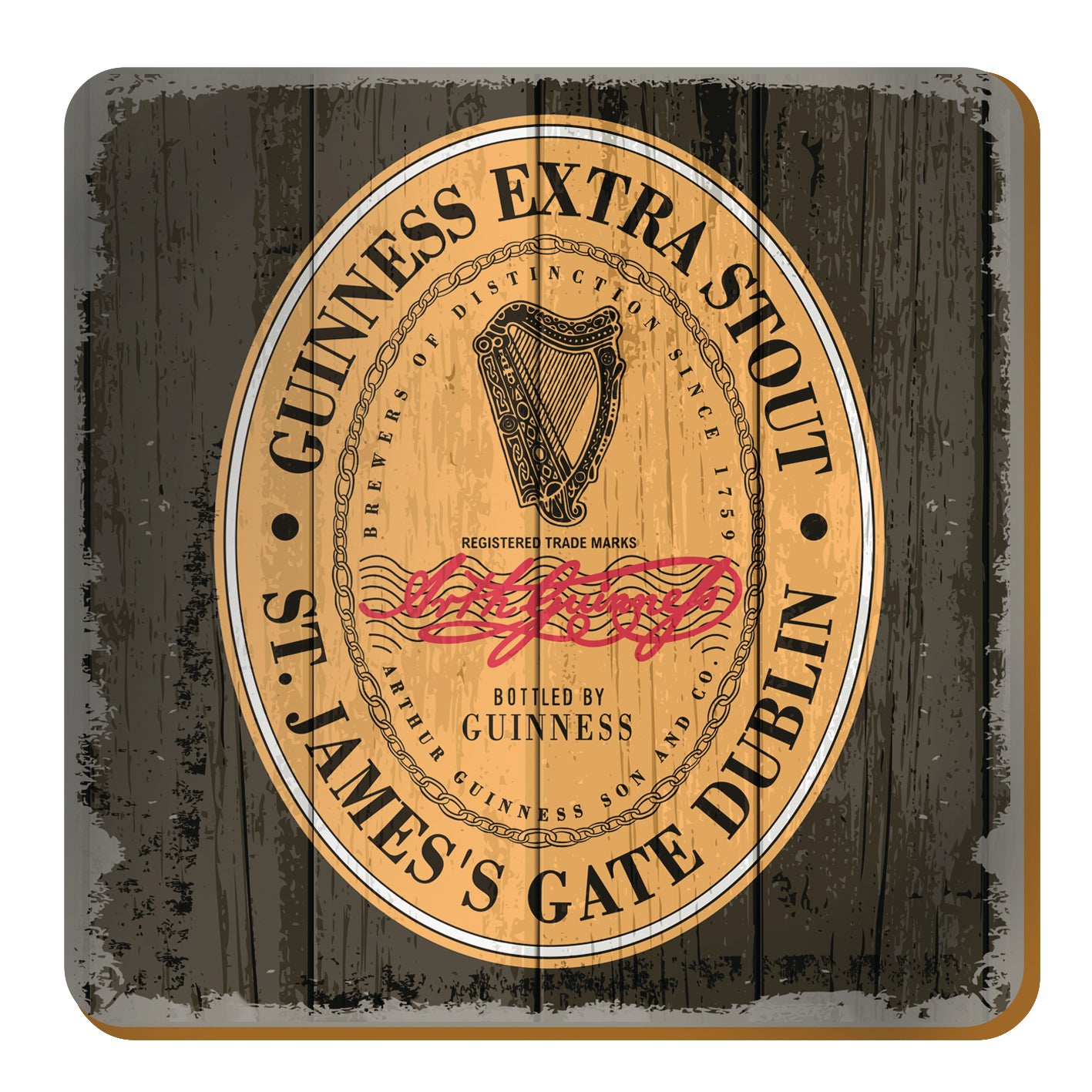 The Guinness Nostalgic - Label Coaster by Guinness UK features a classic label adorned with the renowned harp logo of Guinness Extra Stout on a wooden surface, showcasing text for St. James's Gate, Dublin, making it ideal for bar-themed home decor or as unique glass coasters.